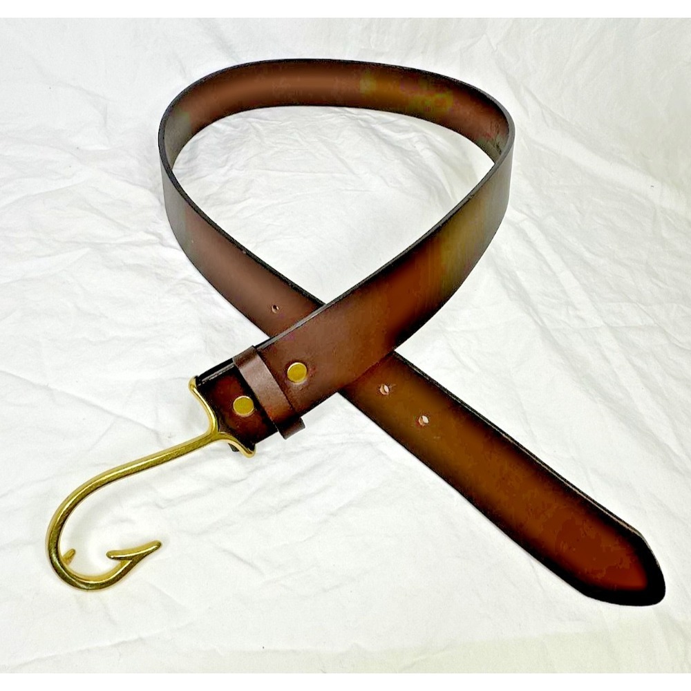 Vineyard Vines Brass Fish Hook Brown Leather Belt Mens Sz 30 Ombre